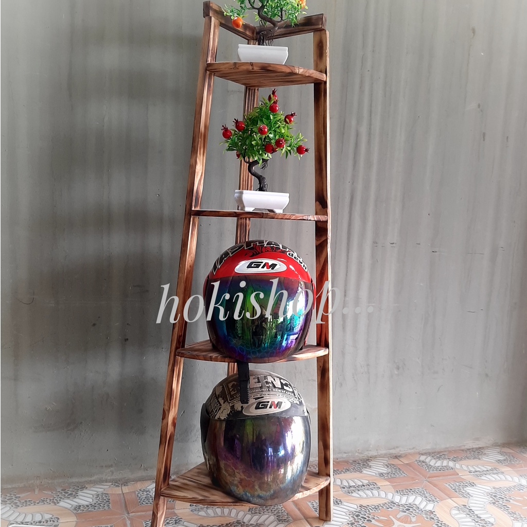 Rak  bunga sudut minimalis  4 susun bahan kayu jati