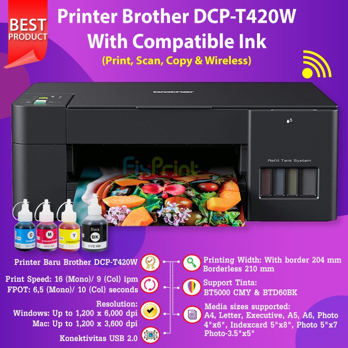 Printer Brother DCP-T420W DCP T420W Refill Ink Tank Wireless All-in-One ( Print, Scan, Copy, WiFi ) , Printer Brother T 420W Multifungsi Inkjet Infus Pabrik Garansi