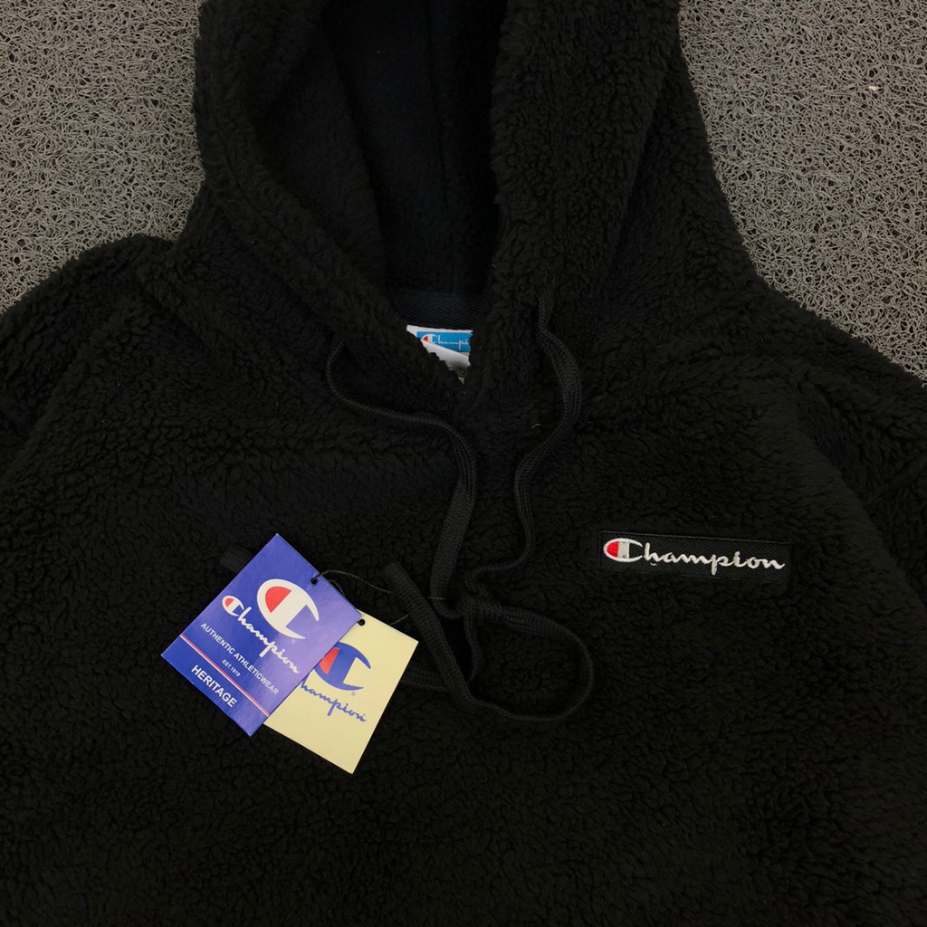 JAKET SWEATER HOODIE CHAMPION SMALL EMB SCRIPT LOGO WOOL BULU DOMBA HITAM AUTHENTIC PREMIUM