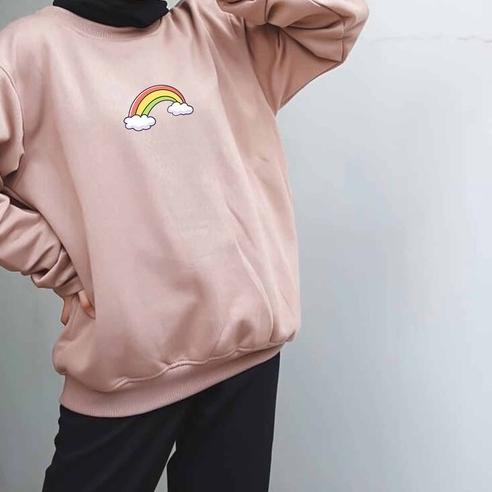 ◘ Sweater Rainbow Cloud Wanita Oversize M - XXL Fleece ✱