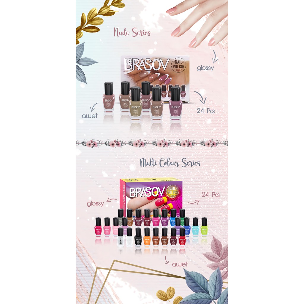 BRASOV Cat Kuku Set 24 PCS Dan 12pcs Nail Polish Assorted Colours Original Kutex Nude Kutek Poles Pewarna Warni