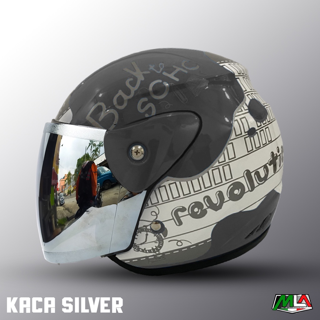 Helm Half Face Dewasa Evo Evolution Note Kaca Silver / Pelangi - Helm Premium Untuk Wanita Dewasa Hijab SNI