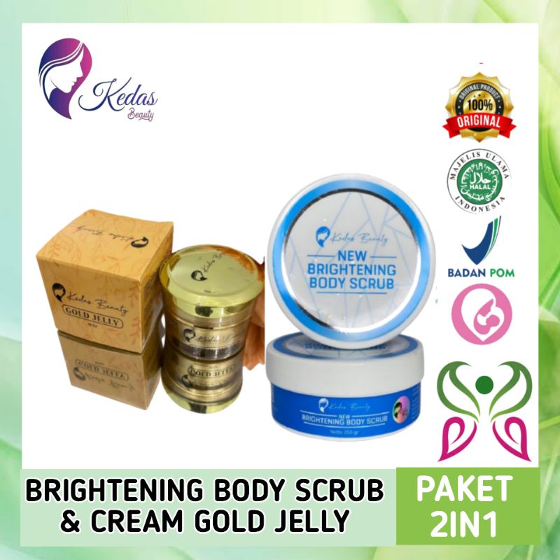 Kedas Beauty Sepaket Body Scrub Gold Jelly Ori Bpom | Lulur/Peel | Cream Pemutih Glowing | Perawatan
