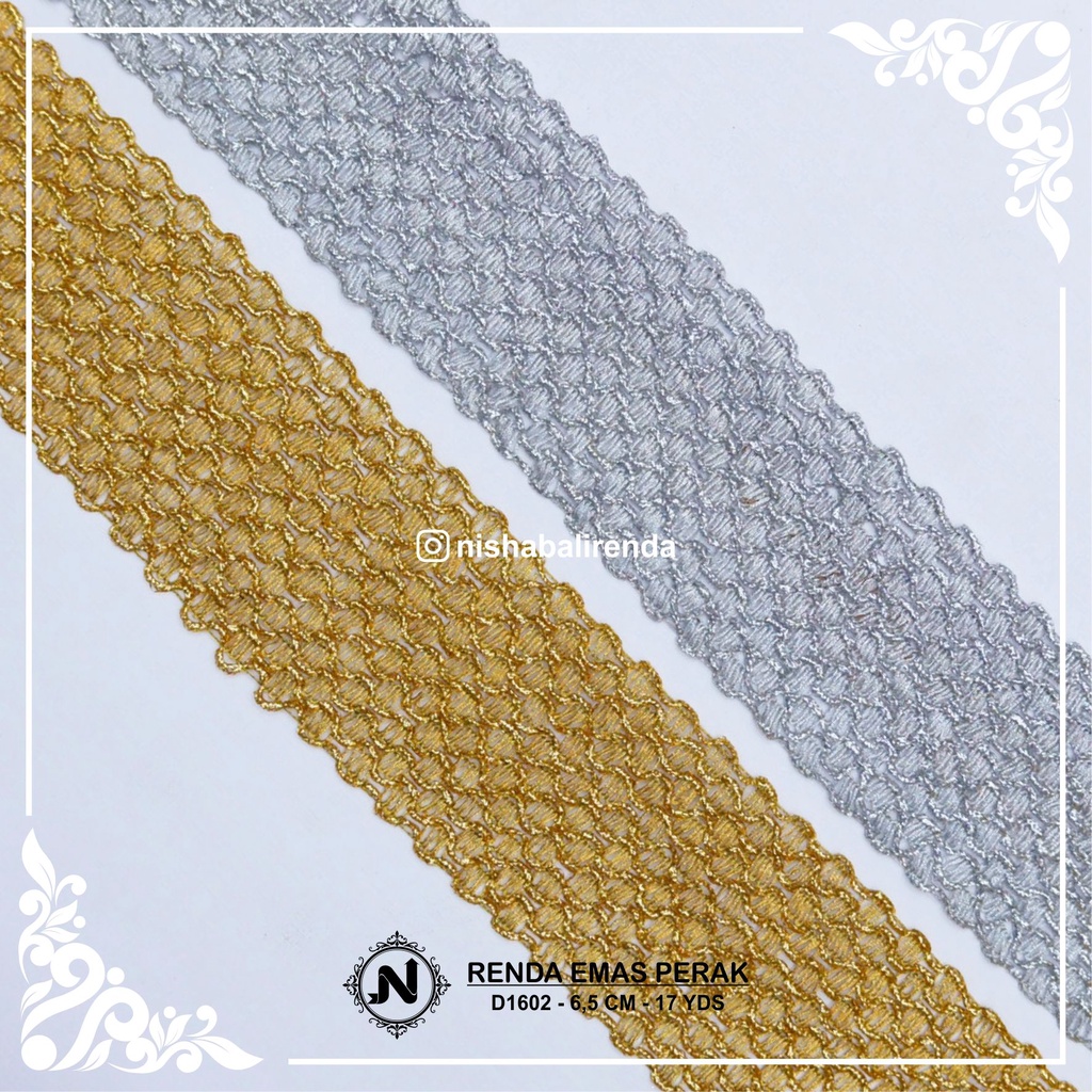 RENDA EMAS PERAK D1602 PER ROLL pita renda ribbon lace trim rumbai tile giper rajut india 3d bunga b