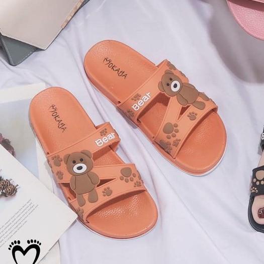 Sandal slop Wanita impor motif TEDDY BEAR lucu - Mokaya 2059 / Sandal slop ban 3 cewek (37-41)-Orange