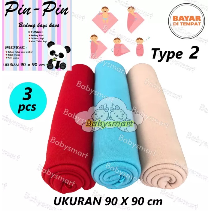 Babysmart - 3 Pcs Bedong Bayi Kaos PIN PIN Multi Colour Size 90 x 90 cm/Selimut Bayi/Alas bayi/Alas kereta/perlengkapan bayi