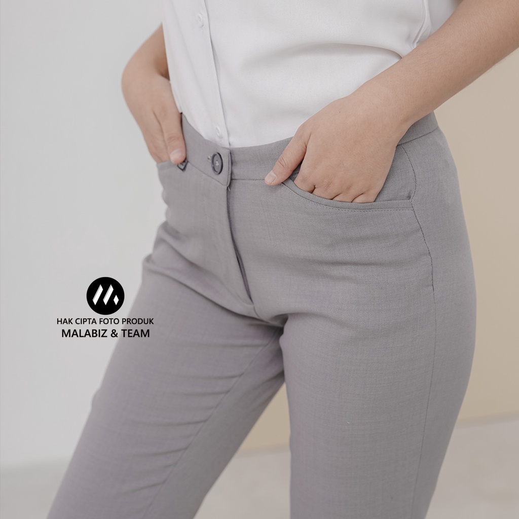 SHANNON LIGHTGREY - Celana Kantor Wanita Slim Fit Bahan Stretch dan Tebal Celana Formal Wanita Celana Panjang wanita Hitam Celana Dasar Wanita Basic Standar Kerja Malabiz