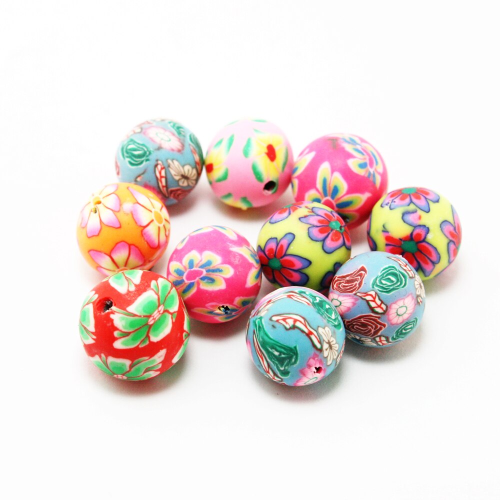 10-20pcs / Lot Manik-Manik Polymer Clay Bulat Motif Print Bunga Ukuran 6 8 10 12mm Untuk Membuat Perhiasan