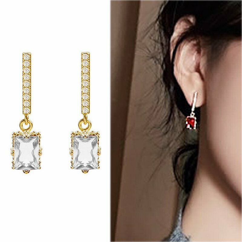 Anting Tusuk Gantung Wanita Desain Geometri Hias Kristalzircon Gaya Mewah Untuk Hadiah