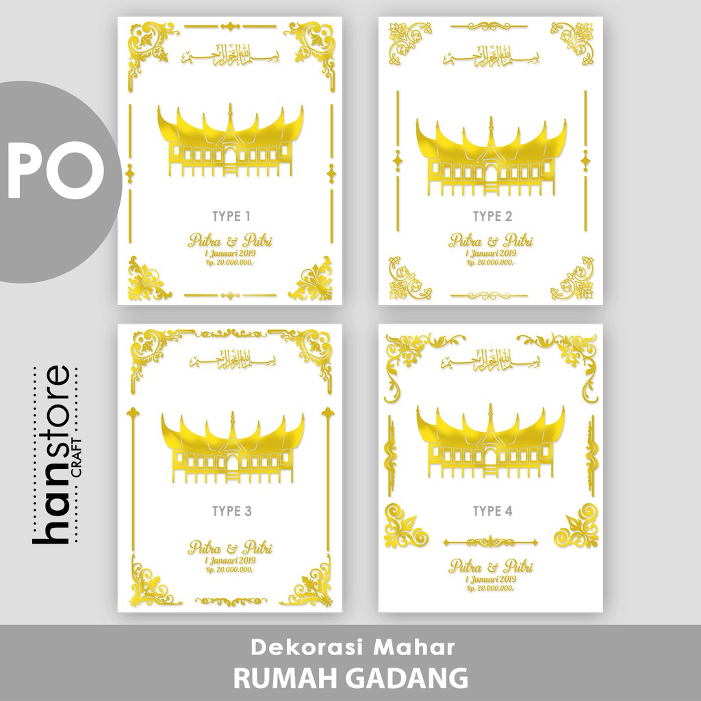 PO Dekorasi Mahar Rumah Gadang Akrilik Cermin Emas / Perak