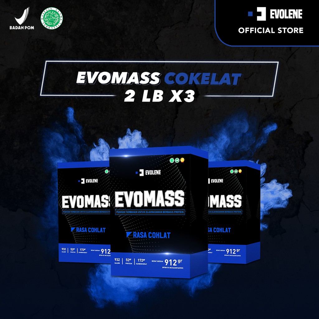 Evomass Coklat 3x 912gr/4x serving - Penambah massa otot - Suplemen fitness - Pembentuk otot - Kaya Nutrisi - Surplus kalori - Minuman susu workout - Susu penambah berat badan - Mass Gainer - Suplemen penambah berat badan Evolene Evoline Evolen