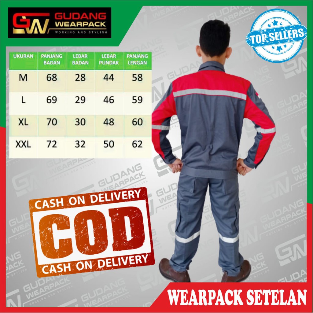 Star Wearpack -  Baju Kerja Proyek  Setelan Baju &amp; Celana Warna Abu Kombinasi Merah