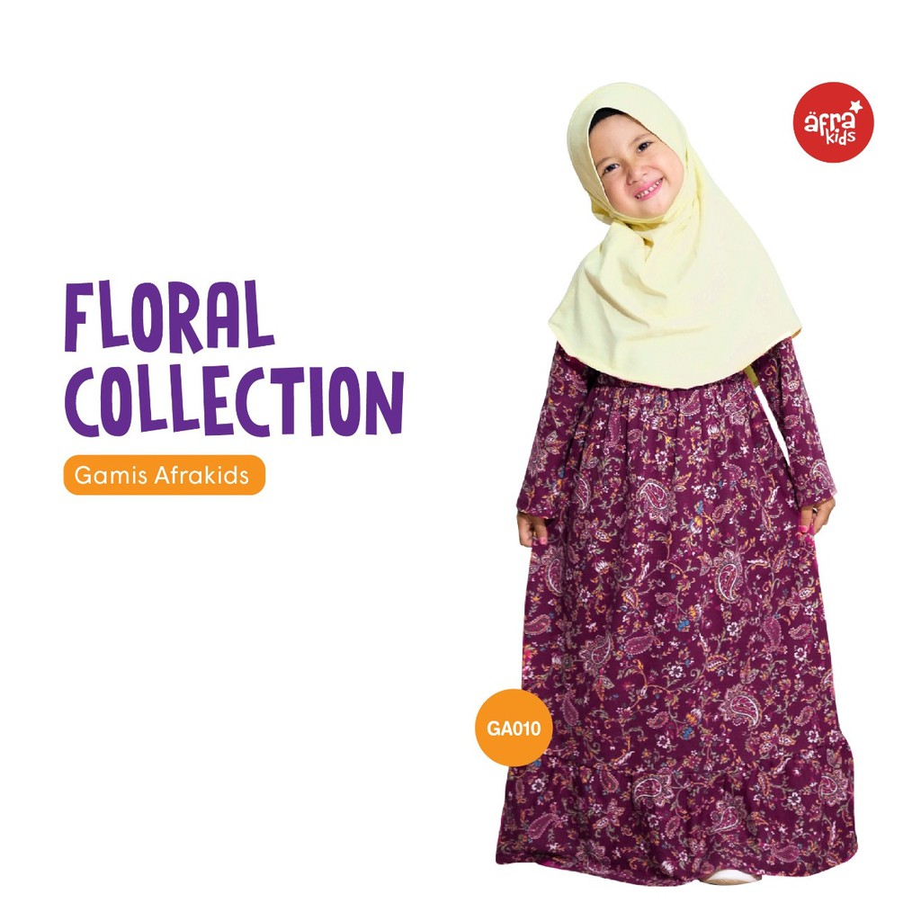 Gamis Anak Afrakids AFRA - GA010 Floral Maroon - Baju Muslim Anak Perempuan