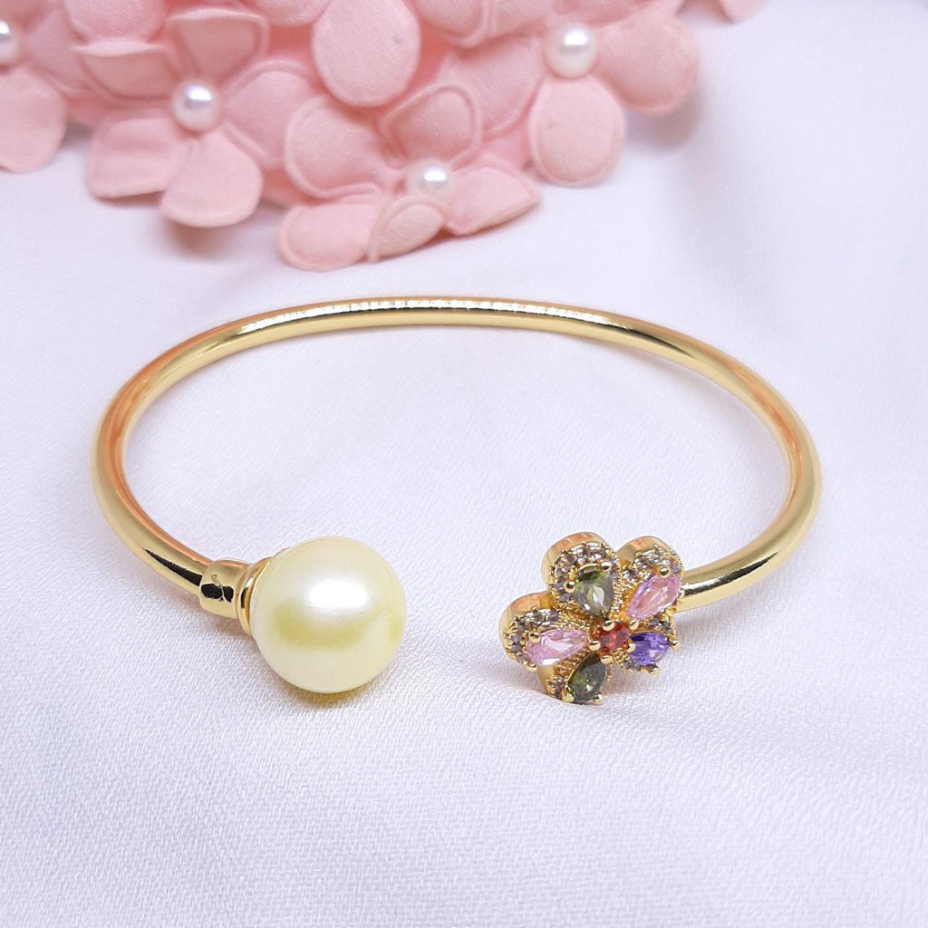 gelang rhodium modelm kaku mutiara air laut asli GM044