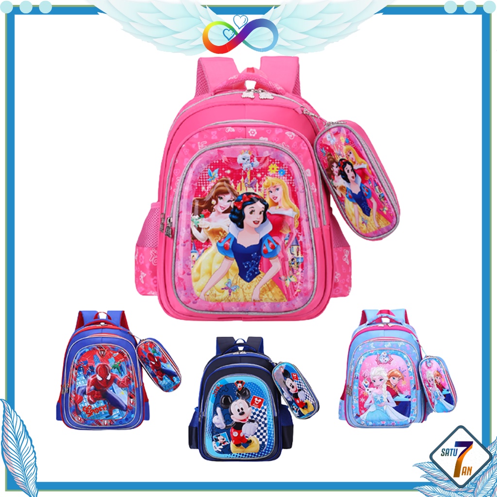 Satu7an T266 Tas Ransel Anak TK SD Motif Karakter Kartun Free Kotak Pensil Tas Punggung Sekolah Anak Backpack Nilon + Serat