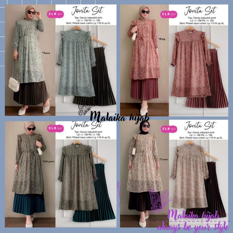 (( RESTOCK)) JOVITA SET ORI CLA HIJAB  IFAH SET BY ANY// BAJU ATASAN WANITA TUNIK SET ROK PLISKET LD