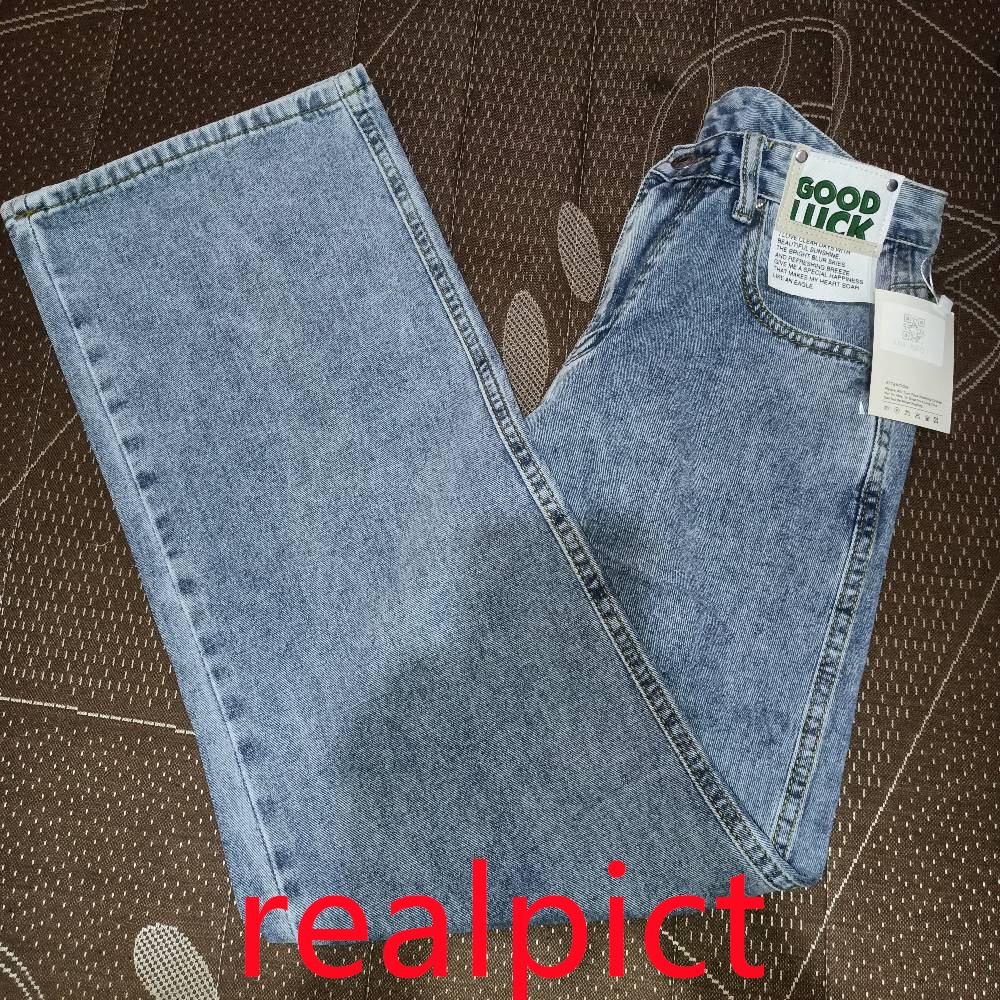 New Biru muda kulot longgar high waist celana jeans panjang wanita（GOOD LUCK）（realpict）