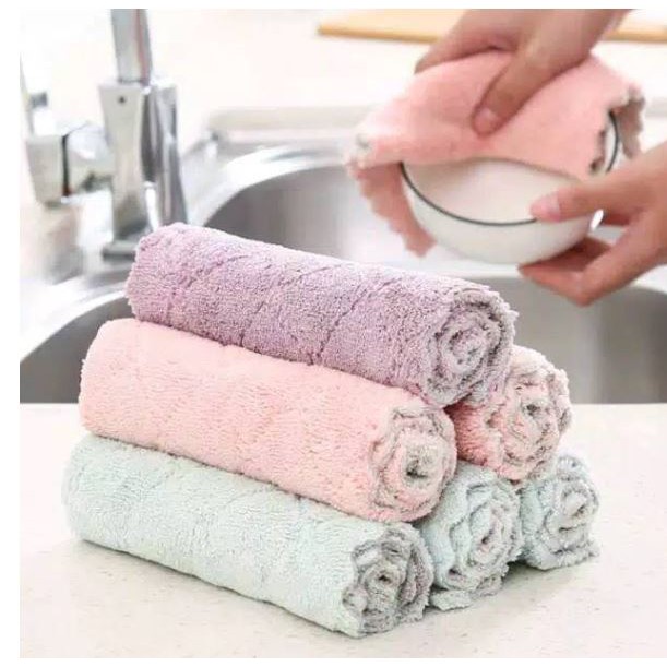 KAIN LAP PEMBERSIH PIRING ANTI MINYAK TEBAL KAIN LAP MICROFIBER KORAL LAP CUCI PIRING