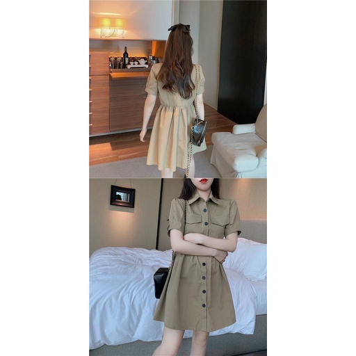 [littlecrab] Dress Full Kancing Berkerah Simple Elegan Dress Polos Saku Kiri Kanan Berkualitas Korean Style Short Dress Model Simply Dress Lengan Pendek Unik Nyaman