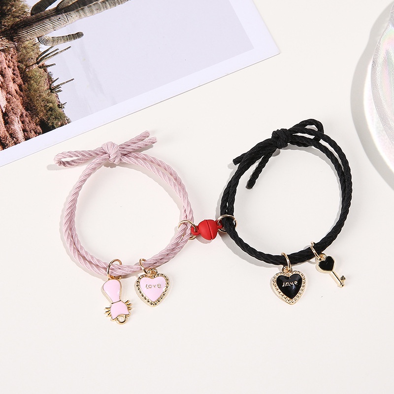【MHANG】2 PCS/Gelang Tali Hati Kucing Persik Kartun Yang Lucu Gelang Pasangan Cinta Pink Romantis Magnet Fashion Menarik Perhiasan Hadiah Ulang Tahun Untuk Pacar