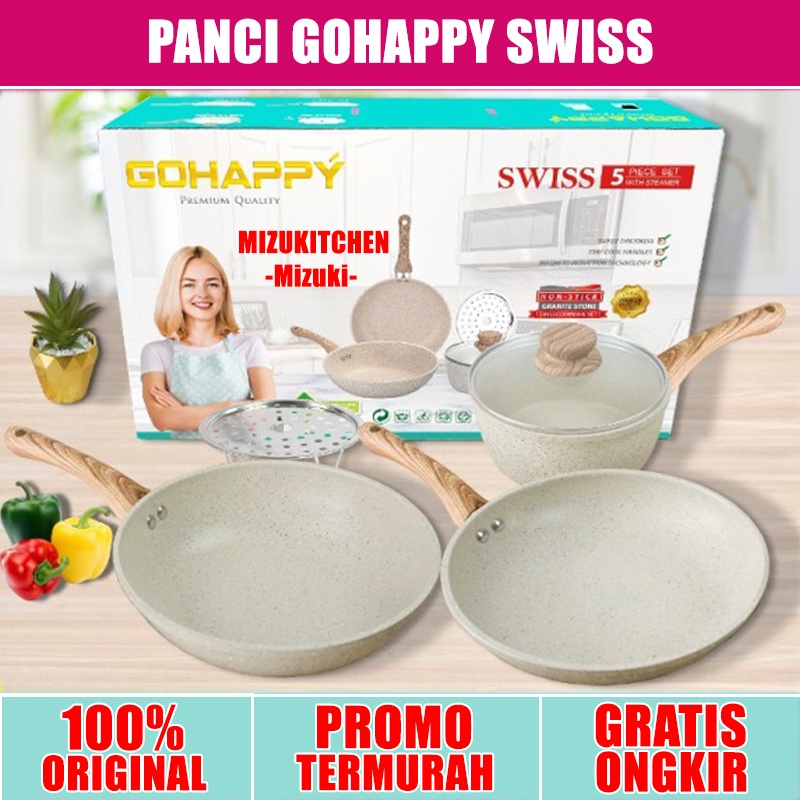 GOHAPPY PANCI SWISS SET Wokpan 24cm - Frypan - sauce pan BAHAN GRANITE CREAM TEBAL ( diatas marble teflon )