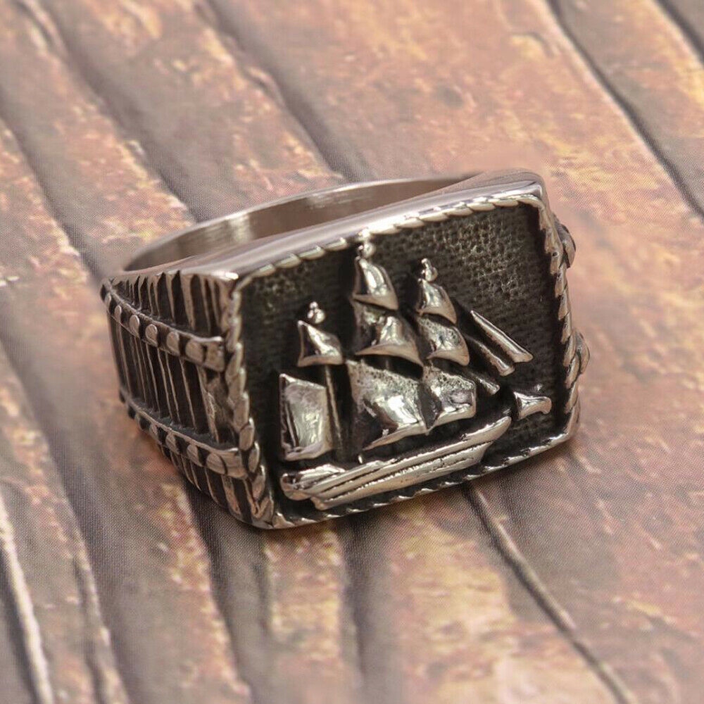 Pria Punk Viking Bajak laut Perahu layar Perak Baja Titanium Fashion   Perhiasan Cincin Men's Rings