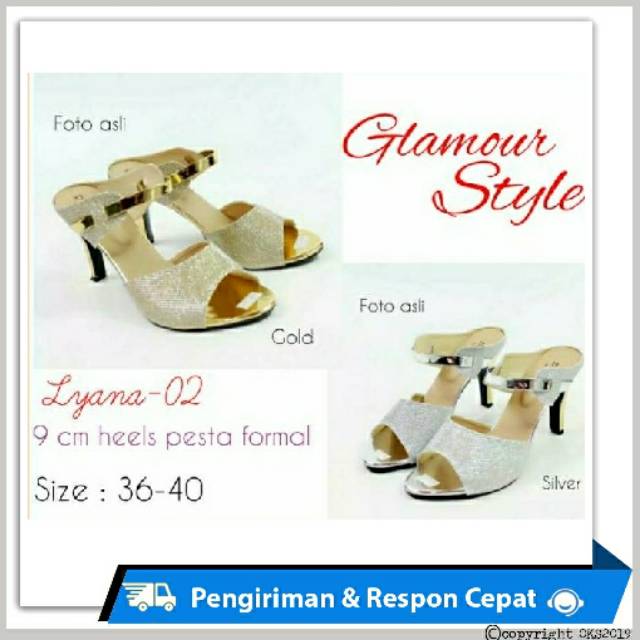 Heels pesta wanita silver blink gold mewah -