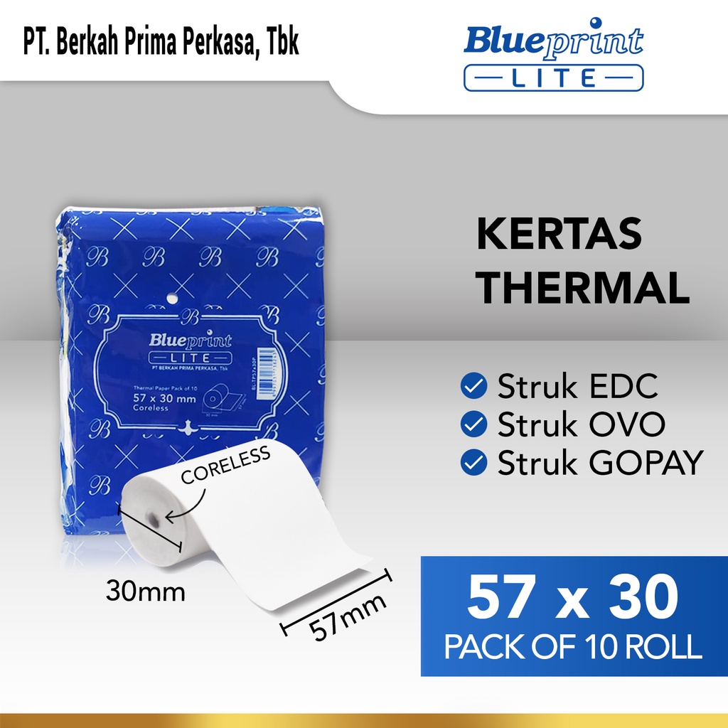 

Kertas Thermal BLUEPRINT Lite 57 x 30 , Kertas Struk Kasir PPOB 57x30 mm - 10 Roll