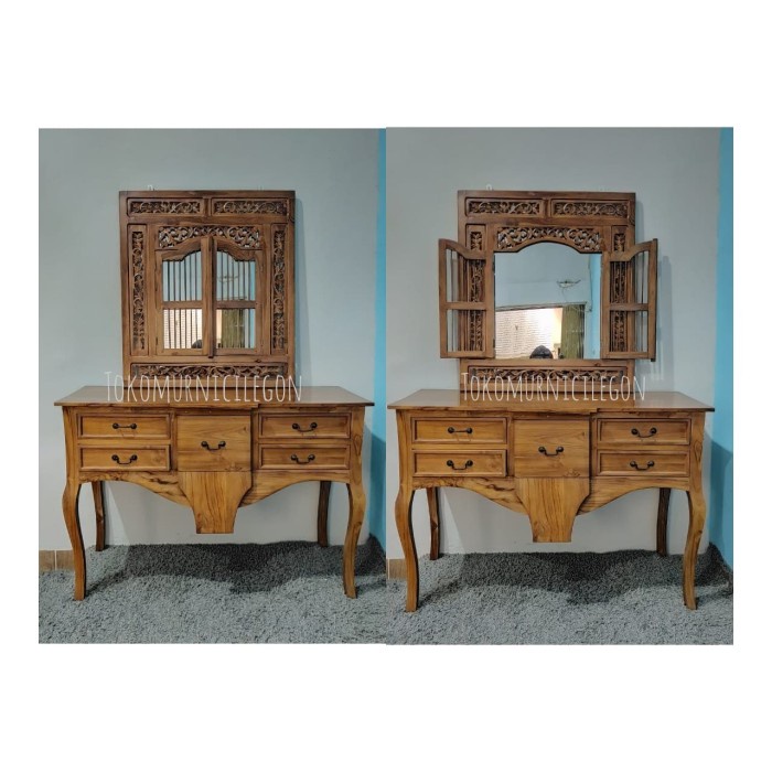 Kaca gebyok jati ukir + meja konsul jati