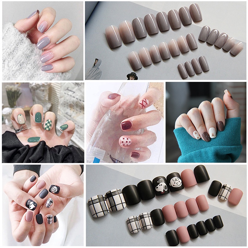 24pcs/set Dilepas Api Panjang Tips Kuku Palsu Penuh Nail Art Tip Kecantikan Buatan Palsu Perancis Stick on Nails Tools