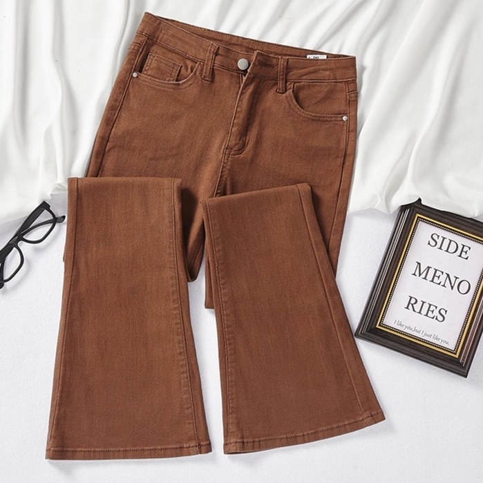 Coklat Korean Style Highwaist Cutbray Celana Jeans Panjang Wanita