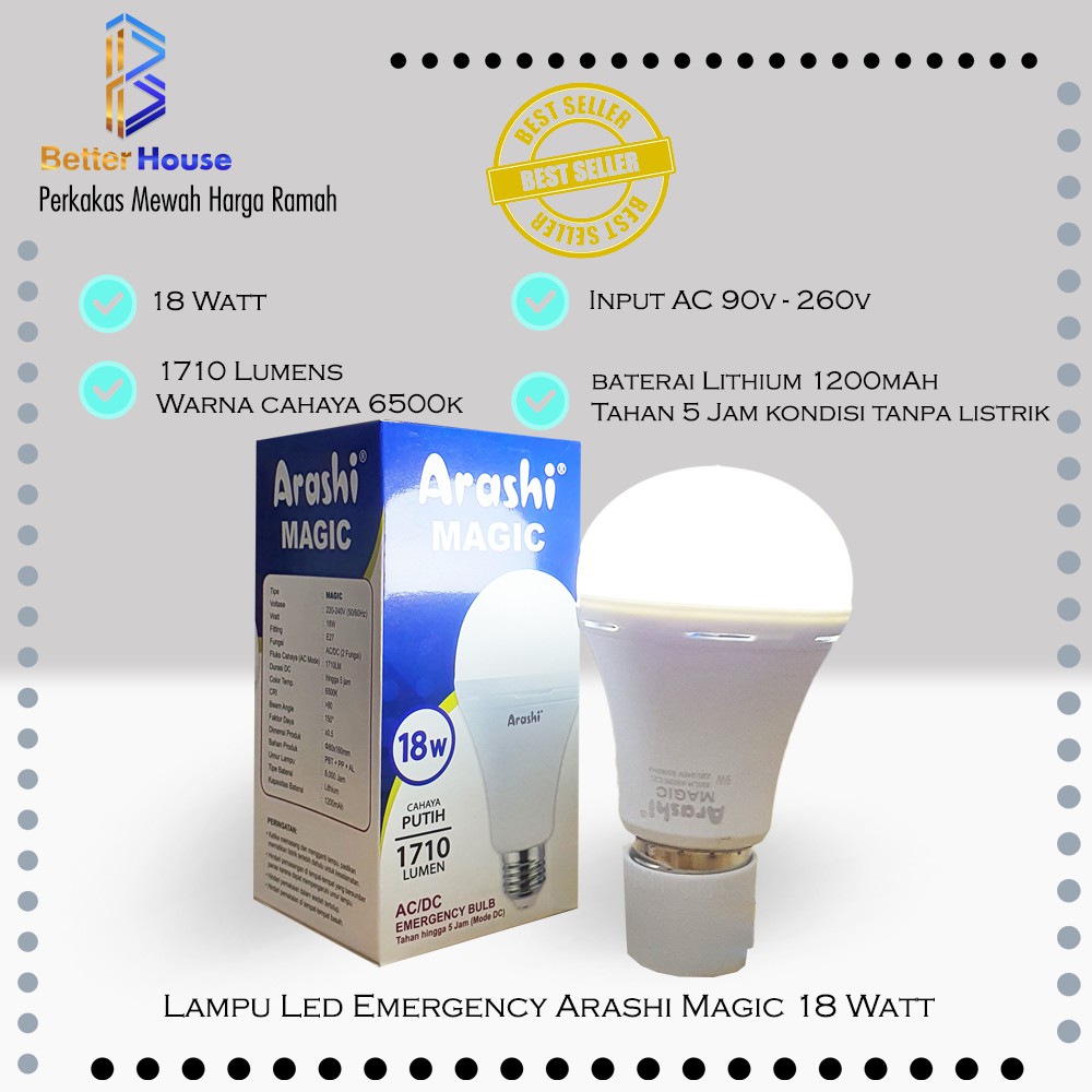 Lampu Bohlam LED Bulb Emergency AC/DC Arashi Magic 18 Watt 18watt