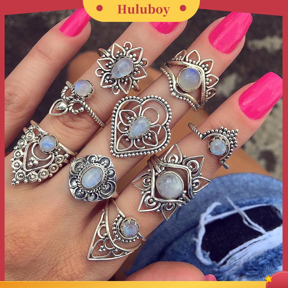 Hu Hu Hu Hu Hu Alat Bantu Pasang Kacamata♡ 9pcs / Set Cincin Buku Jari Aneka Bentuk Warna Silver Gaya Retro Untuk Wanita