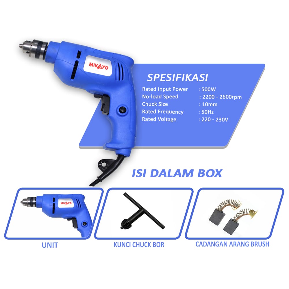 Mesin bor 10mm / Impact Drill / bor tangan bolak balik free mata bor besi,kayu 5pcs bor Listrik MIKAYO JAPAN