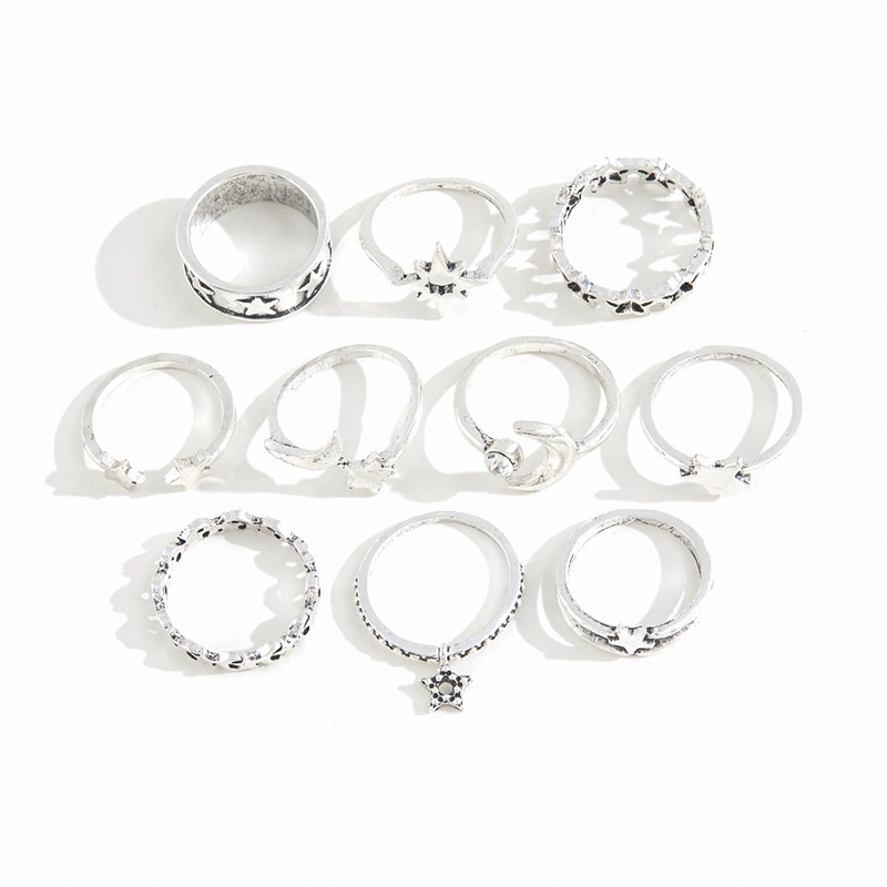 Ornamen kepribadian tren pentagram liontin open moon ring set