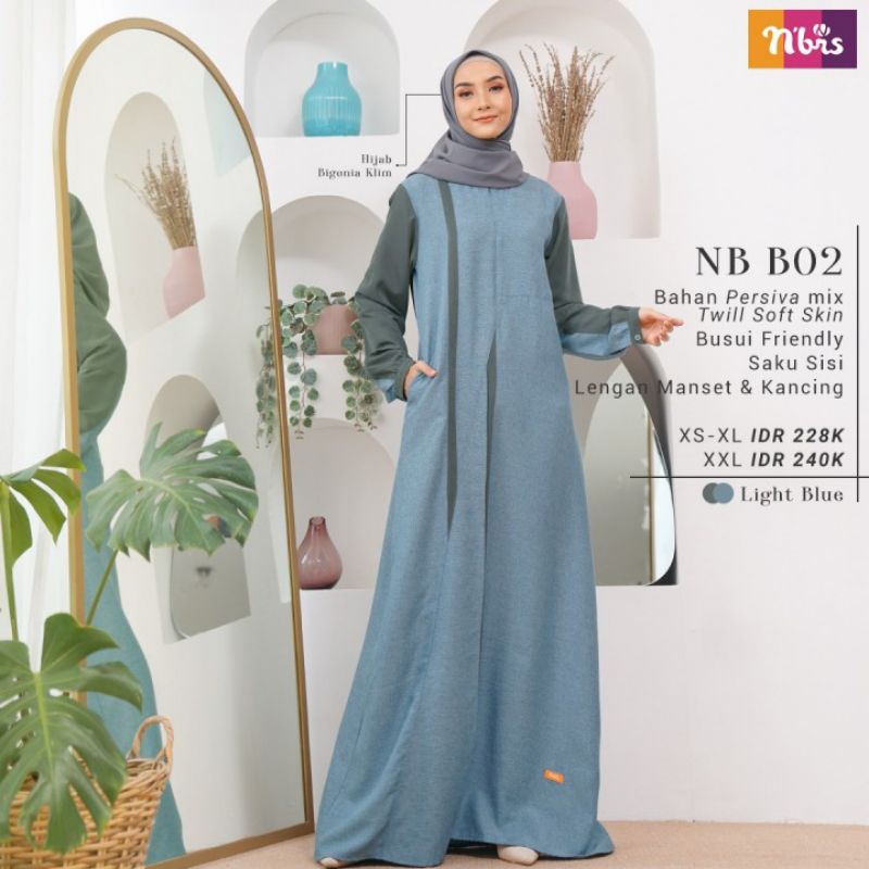 Fashion Gamis Nibras NB B02 Light Blue, Light Grey dan Dark Pink Dress Wanita Terbaru