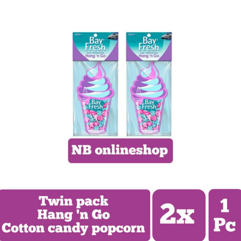 Twin Pack Bayfresh Car Freshener Hang 'n Go Cotton Candy Popcorn 2x