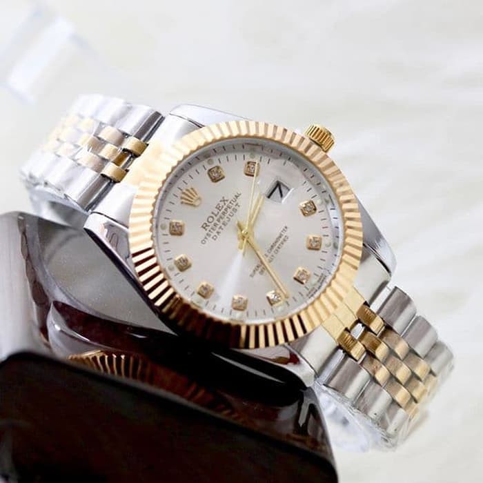 Jam Tangan Rolex Tanggal Aktif Free Box - Silver Kombi Gold Plat Putih