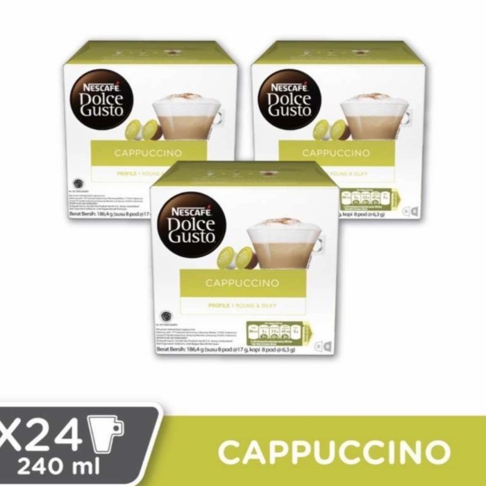 

Nescafe Dolce Gusto Cappucino capsule. Paket 3 box=48 capsule=24 gelas