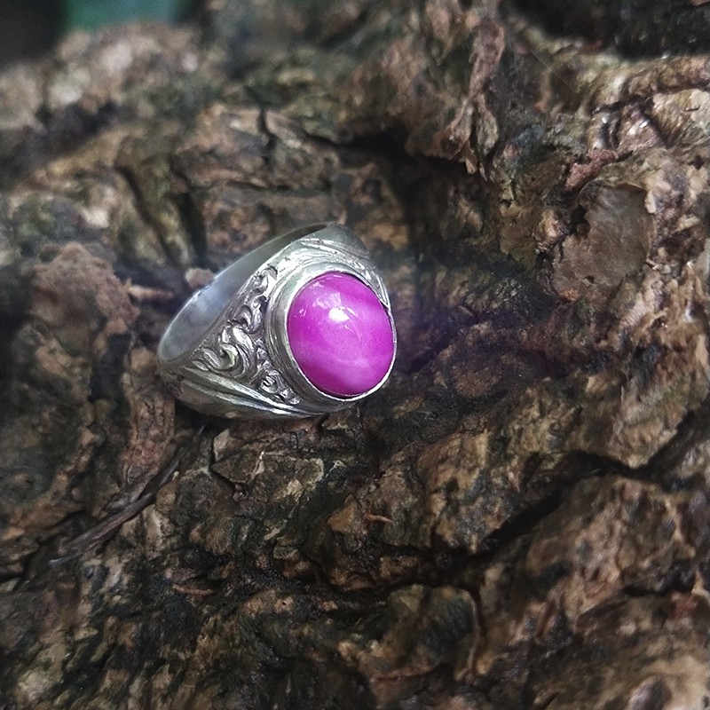 Cincin Perak Silver Bali Ukir Daun Batu Ungu Gagang Emban Ikat Akik Pria Laki Wanita Custom Asli 925