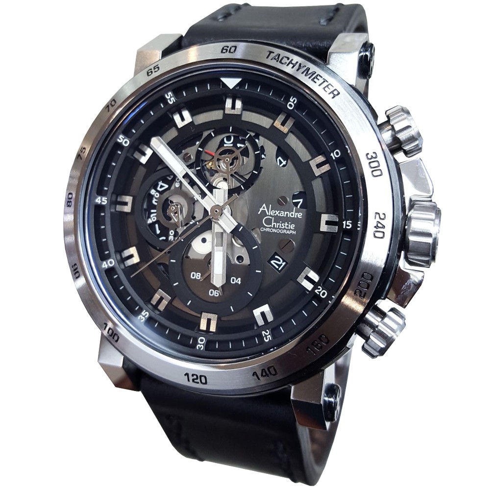 Alexandre Christie AC6429MC Jam Tangan Pria Strap Leather hitam silver