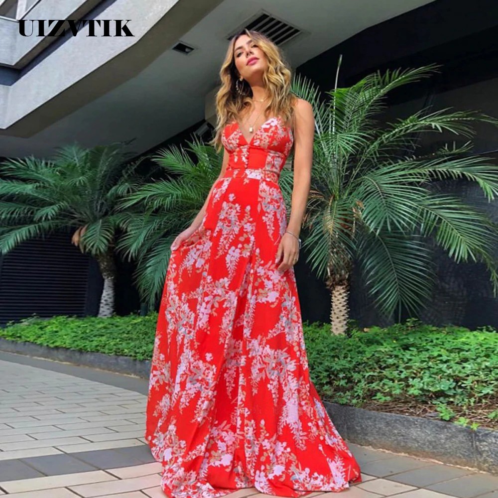 floral deep v neck backless maxi dress