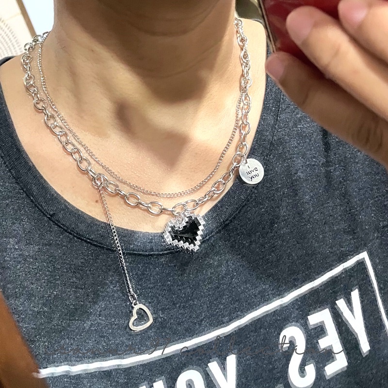 ISANUR97 | Kalung Titanium Love Mosaik Mozaik Kalung Rantai Wanita Pria Korea Liontin Hip Hop Anti Karat Dan Luntur Mewah Multi-layer Retro