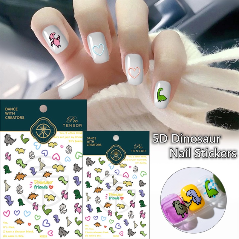 Stiker Kuku Motif Kartun Doodle Dinosaurus 5D Warna-Warni Untuk Dekorasi Manicure