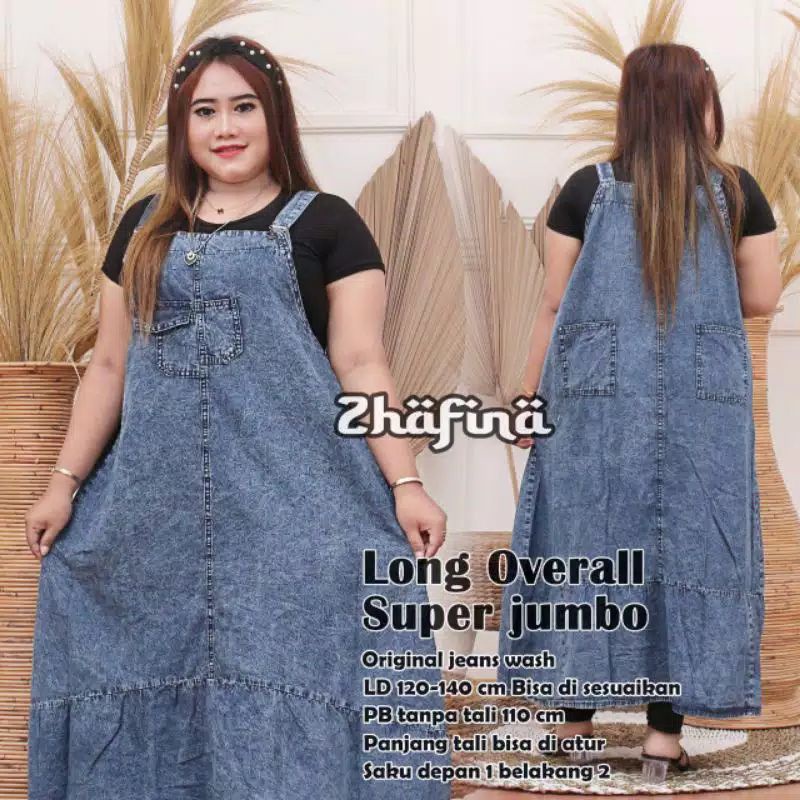 Overall Jeans Wash Super Jumbo Baju Atasan Wanita Anti Begah Denim Snow Black Long Over Size