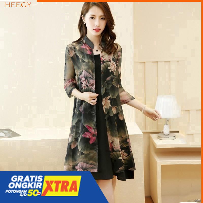 Dress Casual Set 2Pcs Tanpa Lengan V-Neck Bahan Sifon Motif Bunga Gaya Wanita Korea