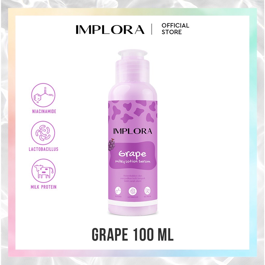 IMPLORA Milky Lotion Serum 100ml Indonesia / Almond Banana Blueberry Cherry Coconut Grape Melon Strawberry / Niacinamide Lactobacillus Milk Protein / Melembabkan Mencerahkan / Skincare Body Care Cream Butter Perawatan Treatmen Kulit Tubuh Susu Paket 60ml