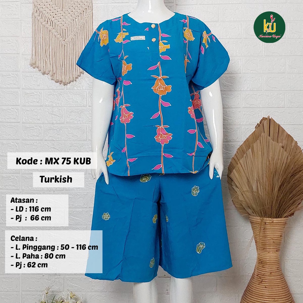 Bisa COD MX75 KUB | Setelan Kulot Celana Pendek Batik Kencana Ungu Asli Label Biru | Baju Santai Piyama Tidur Wanita Kancing Depan Busui Friendly Motif Terbaru-Turkish E