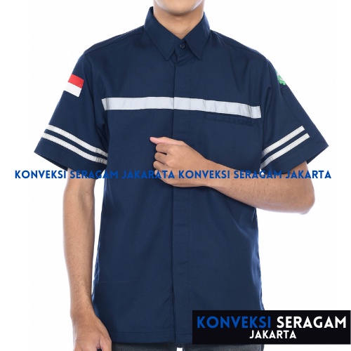 Baju Kemeja Safety K3 Lengan Pendek - Seragam Kerja Atasan Wearpack Werpack Werpak Proyek Tambang Warna Navy Pria Wanita - Konveksi Seragam Jakarta