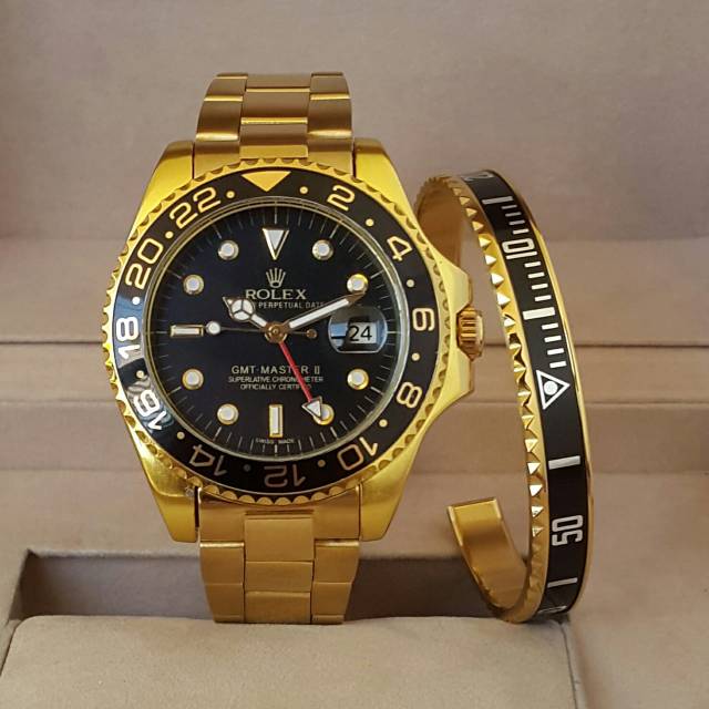 PROMO JAM  TANGAN  PRIA COWOK ROLEX GMT MASTER II GOLD SET 